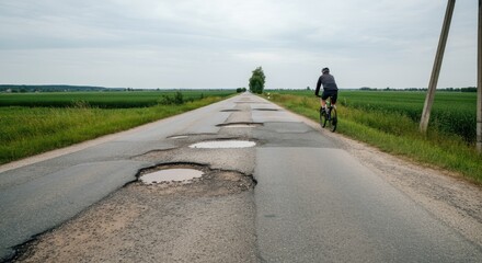 Obraz premium Cyclist rides on rural road with large potholes, fields both sides