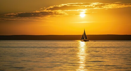 Sailboat glides on calm sea during stunning sunset, golden sky reflecting water
