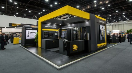 Modern Exhibition Booth Design Featuring Innovative Technology and Interactive Displays at a Professional Trade Show in a Spacious Convention Center