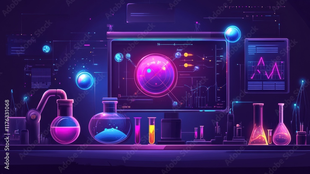 Poster futuristic laboratory with colorful chemical experiments and advanced technology displaying scientif