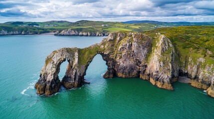 Naklejka premium Dramatic Coastal Cliff Arch Overlooking Serene Ocean Panorama with Rugged Cliffs and Crashing Waves