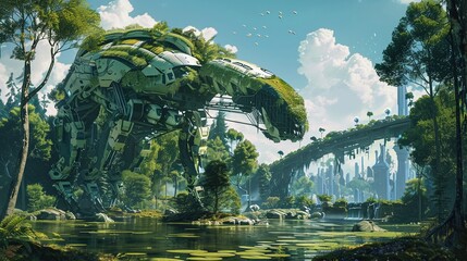 A cybernetic wildlife reserve where robotic animals roam free