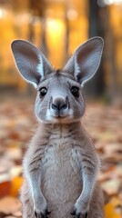 Fototapeta premium A close-up of a kangaroo standing amidst autumn leaves, showcasing its curious expression and natural habitat.
