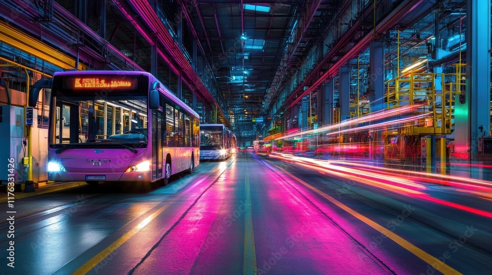 Aufkleber an electrifying scene of buses in urban depot with vibrant neon lights creating a dynamic atmosphere