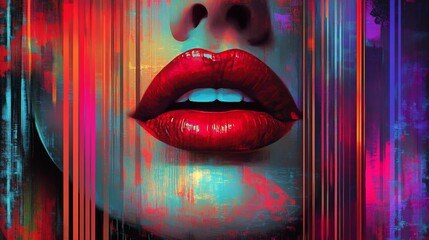 A vibrant digital artwork featuring bold lips and colorful patterns.