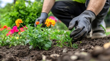 Gardener planting colorful flowers in garden bed with soil and plants