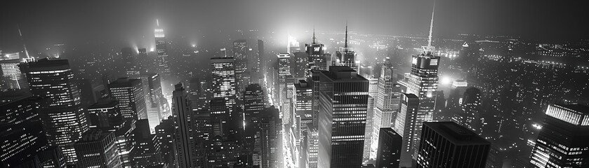 A dramatic black and white rendering of a urban cityscape at night