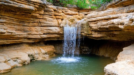 Cascading Waterfall Flowing into Serene Natural Pool in Lush Green Forest Landscape