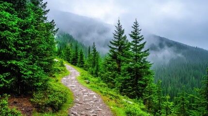 Fototapeta premium Serene Hiking Trail Through Misty Evergreen Forest Landscape