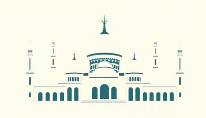 A modern mosque monogram featuring layered domes and symmetrical ornamental designs.

