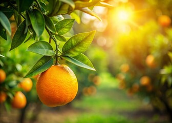 Sunlit Ripe Orange Hanging on Branch, Lush Green Leaves, Vibrant Orchard, Healthy Growth, Nature Beauty