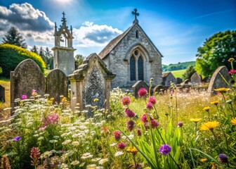 Sunlit Rural Churchyard:  Ancient Stones and Summer Blooms in Idyllic Countryside
