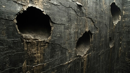 Weathered dark surface with a pattern of uneven holes and cracks