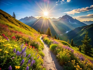 Sunny Alpine Mountain Path: Breathtaking Summer Hike with Bokeh Effect