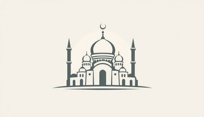 A modern mosque monogram featuring layered domes and symmetrical ornamental designs.

