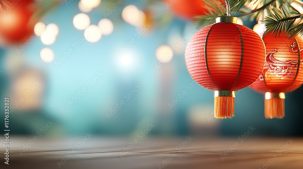 Aufkleber cluster of glowing red chinese lanterns with intricate ornate patterns and designs hanging as part o