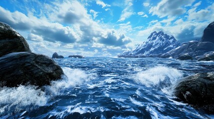 Dramatic Arctic Seascape with Crashing Waves and Towering Glacial Mountains