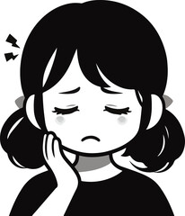 vector sketch of a beautiful little boy with braided hair who is sad because of a toothache