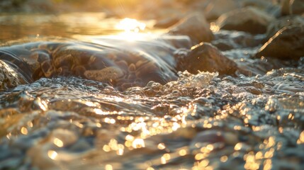 Serene Water Flow Over Rocks with Soft Sunlight Reflecting on a Calm Stream Creating a Peaceful and Tranquil Atmosphere in Nature