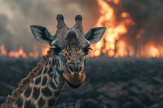 Giraffe in front of a dramatic fire backdrop, showcasing wildlife resilience.