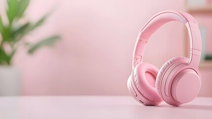 Obraz premium Pink over-ear headphones placed on a smooth pastel pink background, Generative AI 