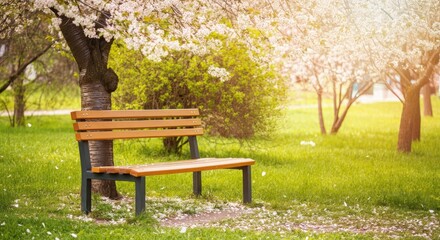 Fototapeta premium Serene park with flowered tree beside bench