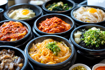 Various korean dishes served in small black bowls, showcasing the diversity of korean cuisine