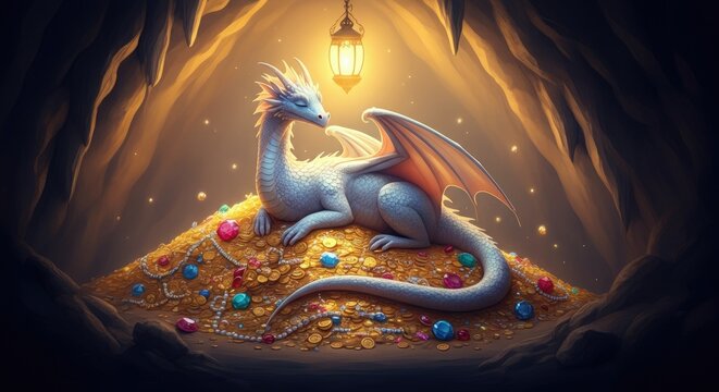 White dragon guards treasure hoard in cave illuminated by lantern