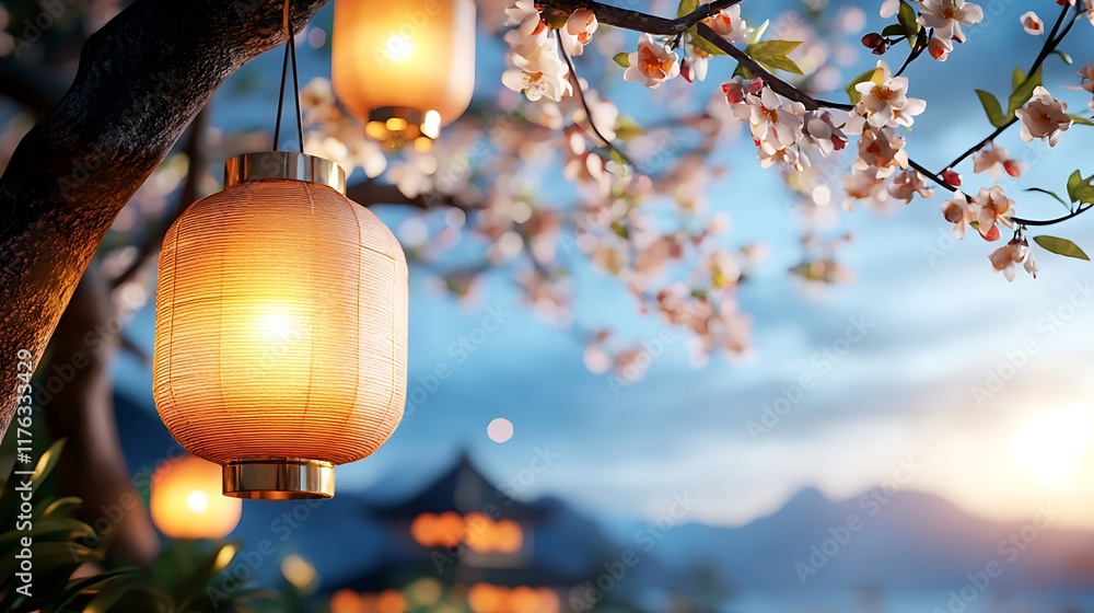 Poster glowing lanterns hanging from the branches of a blossoming tree in a tranquil garden creating a sere