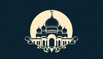 A modern mosque monogram featuring layered domes and symmetrical ornamental designs.