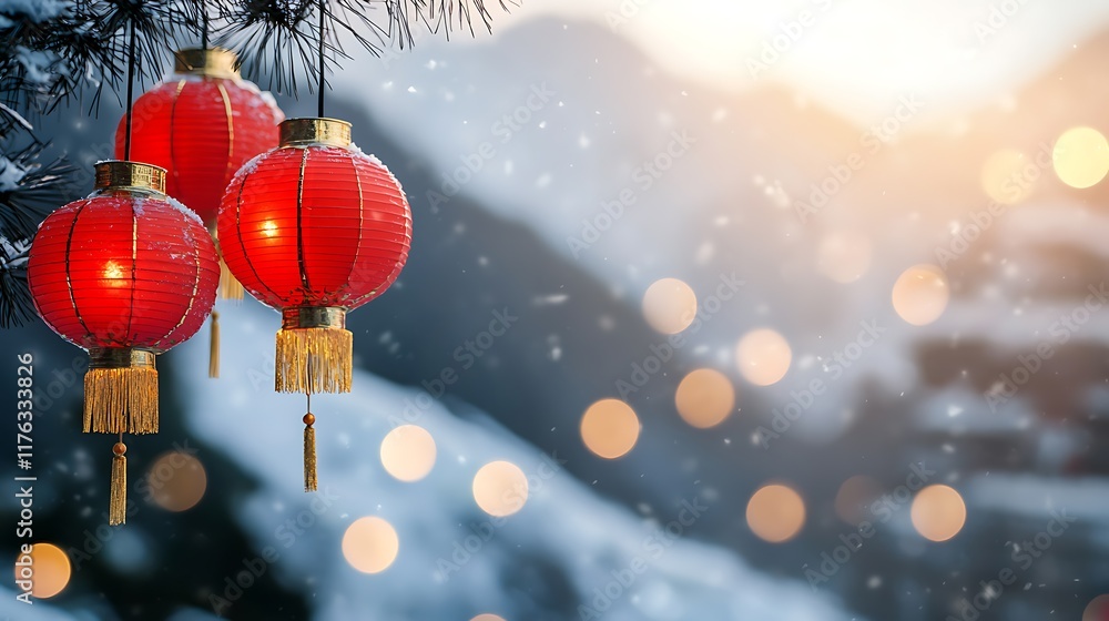 Poster glowing red lanterns hanging among the pine trees in a remote snowy mountain village creating a fest