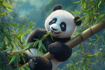 Fototapeta premium Adorable Panda Cub Enjoying Bamboo in Lush Forest