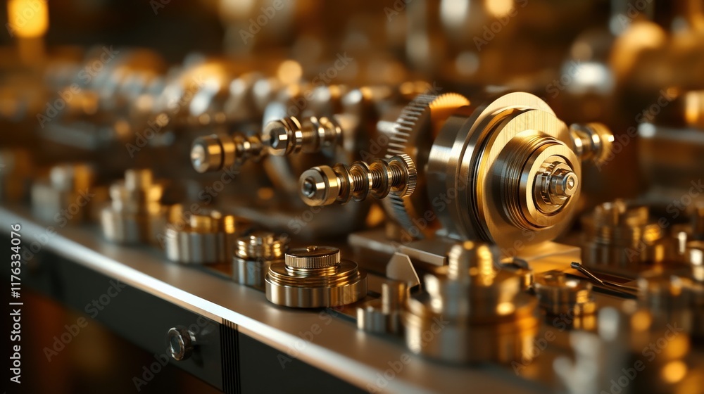 Poster close-up view of intricate brass mechanical components and gears displayed on a workbench, highlight