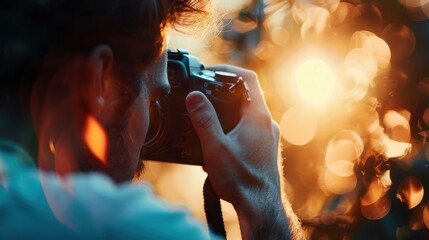 Captivating Moment of a Photographer Capturing a Sunset with DSLR Camera Surrounded by Natural Light and Beautiful Bokeh Effect in the Background