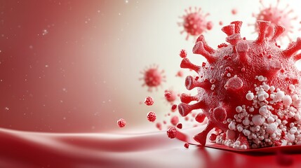 Microscopic close up view of dangerous red virus cells or microscopic molecules causing a global pandemic crisis and healthcare emergency