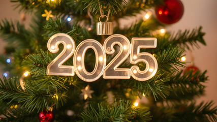 Lighted number 2025 ornament hanging on christmas tree