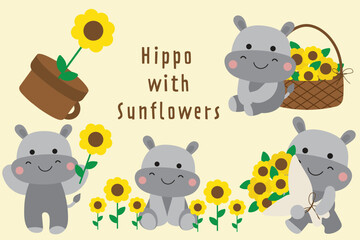 Playful Hippos with Sunflowers Illustration