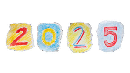 Colorful handwritten 2025 year number on torn paper. Ransom note style letters.