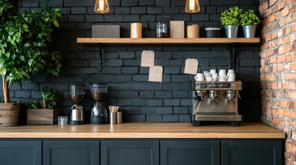 Obraz premium Cozy and Stylish Coffee Shop Interior with Brick Wall and Wooden Shelves