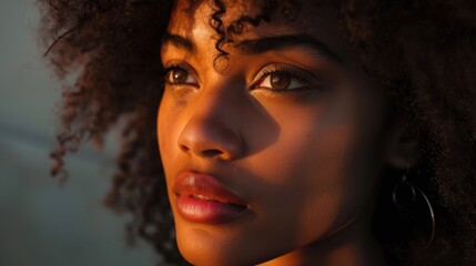 Captivating Portrait of a Young Woman with Natural Curly Hair and Striking Features Bathed in Warm Light Against a Soft Background