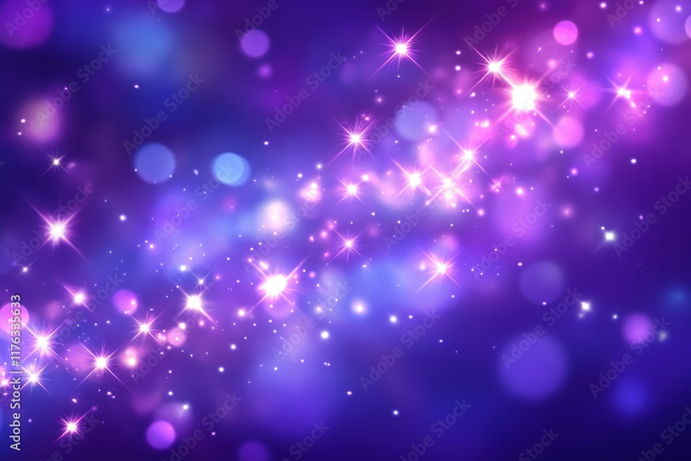 Poster abstract purple and blue glowing bokeh background with sparkling lights.