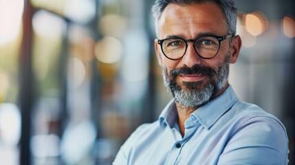 Confident Middle-Aged Man Smiling in a Bright Modern Cafe Setting with Soft Lighting and Blurred Background for Business or Lifestyle Themes