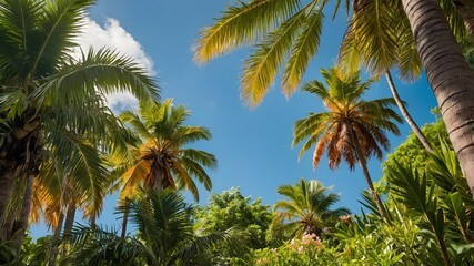 Obraz premium Tropical Bliss: Peach Palms, Colorful Flowers, and Radiant Sunlit Foliage