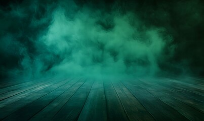 a green fog on a dark background going across wooden floor. Generative AI 