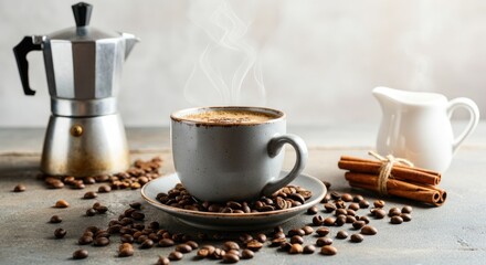 Hot coffee in gray cup with cinnamon sticks, beans, moka pot, and milk jug on table