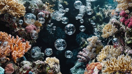 A coral reef with bubbles and sea creatures, bubbles in the water, bubbles on corals