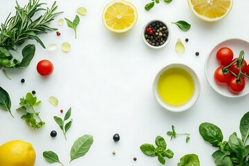 Top view of a white surface with a border of fresh ingredients, representing the healthy mediterranean diet