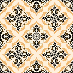 Black and brown floral on beige background classic traditional damask design, seamless pattern, vector illustration, ethnic ornament, motifs pattern. Design for fabric ends and clothing.