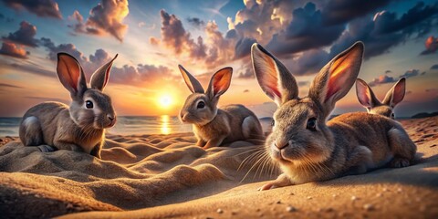 Fototapeta premium Surreal Rabbits Frolicking on a Dreamlike Sandy Beach