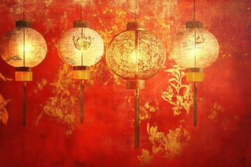 . A festive background with glowing lanterns and intricate Chinese characters in gold, layered over a textured red surface.